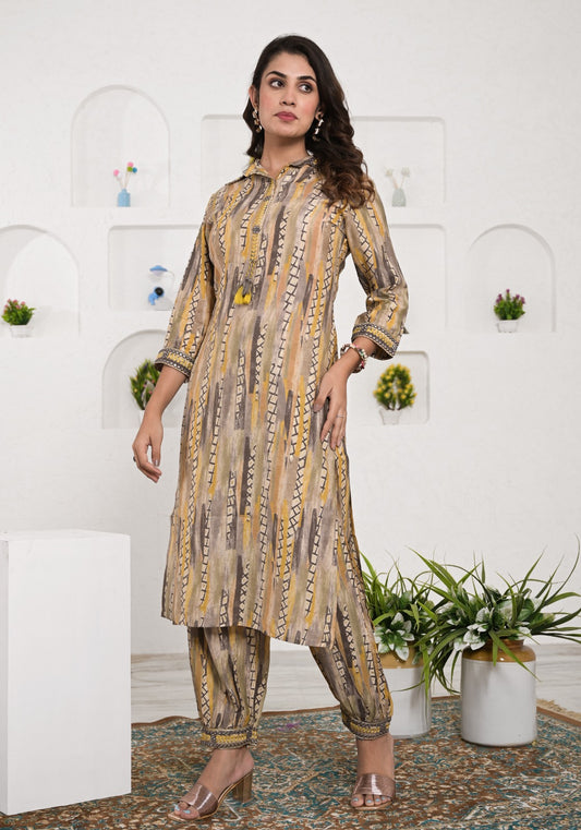 Beige Printed Muslin Afghani Pant Kurta Set