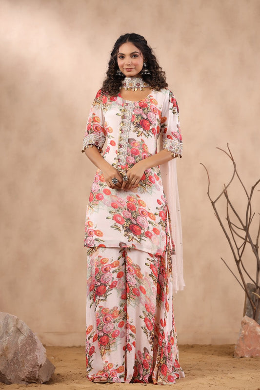 White Printed Chinnon Plazo Kurti Set