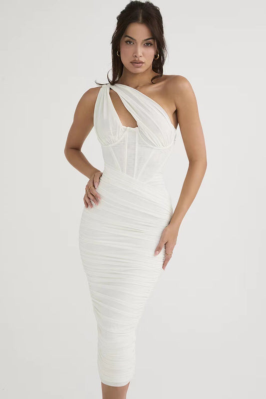 Asymmetric One Shoulder  Cutout Ruchhed Corset Mesh Midi Dress