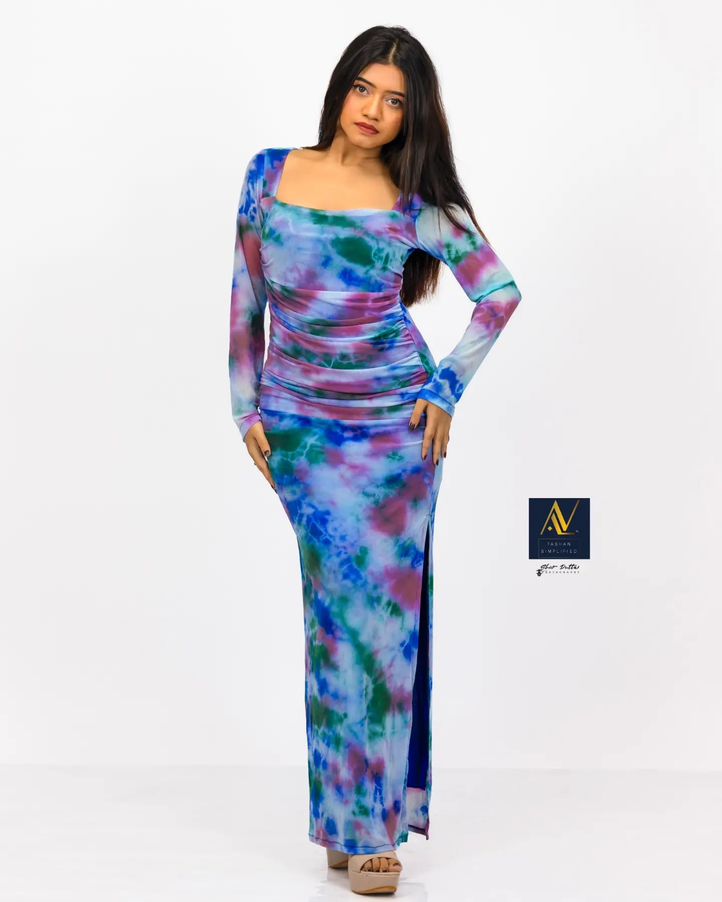 Tie n Dye printed Long Ruchhed Gown