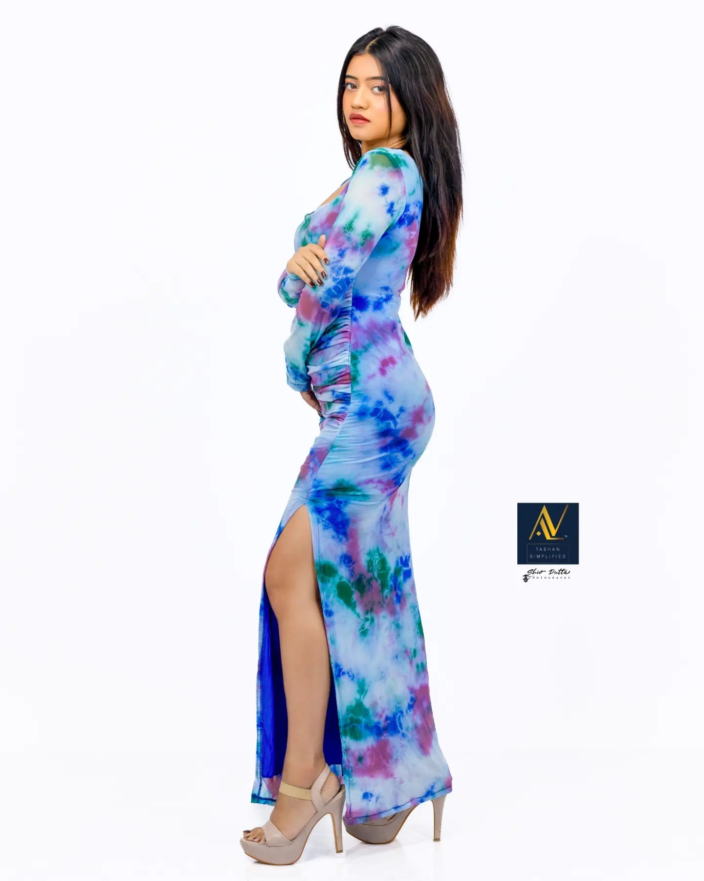 Tie n Dye printed Long Ruchhed Gown