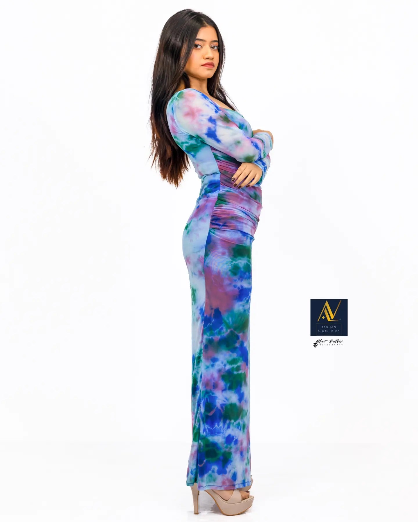 Tie n Dye printed Long Ruchhed Gown