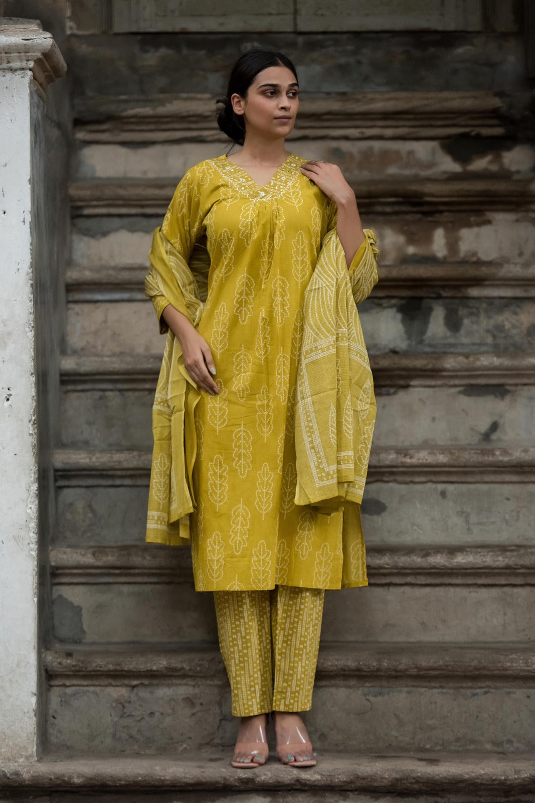 Yellow Printed V-Neck Cotton Kurta Dupatta Pant Set