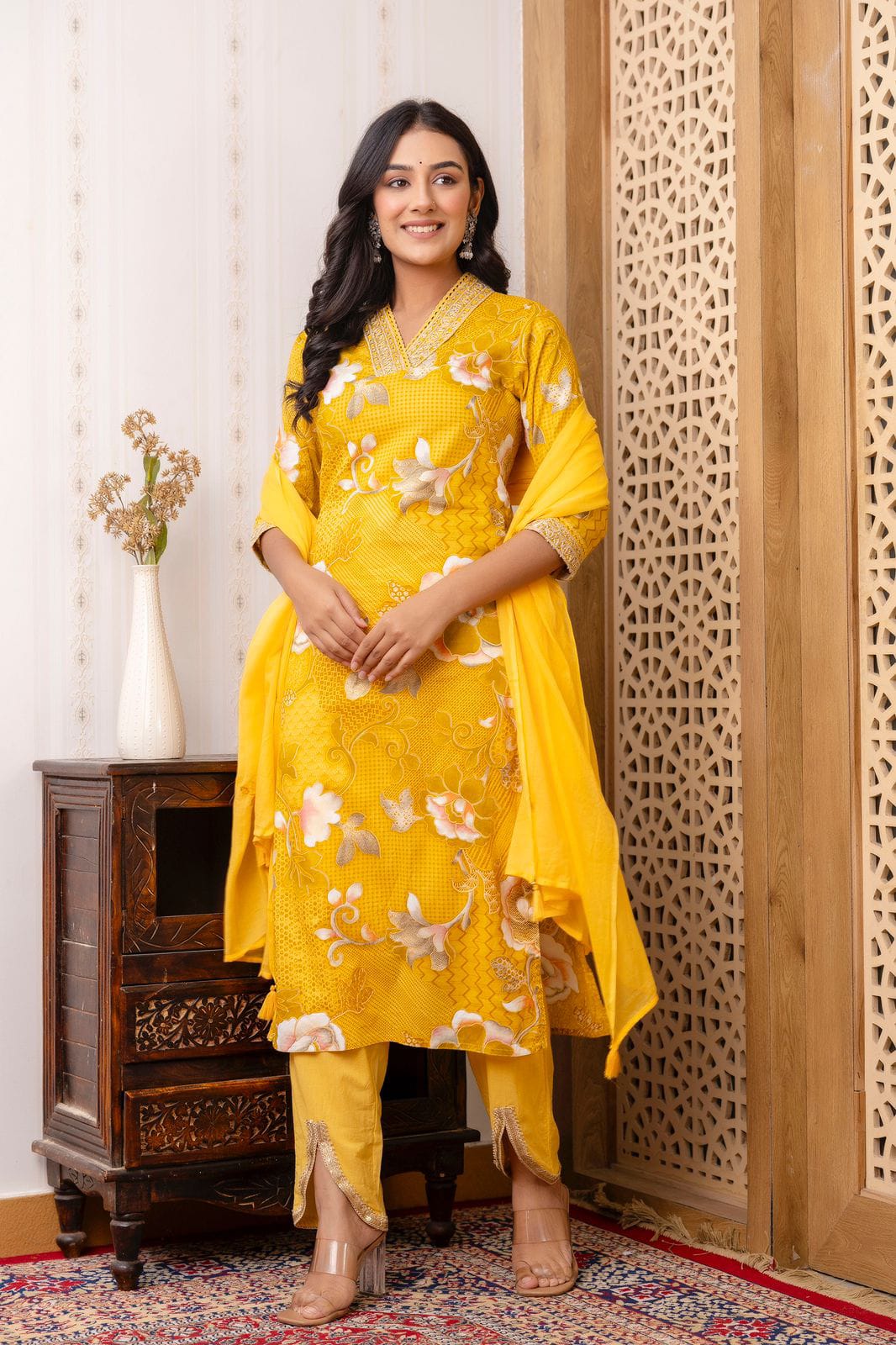 Yellow V neck Hand work Kurta Dupatta with Designer Pants Set