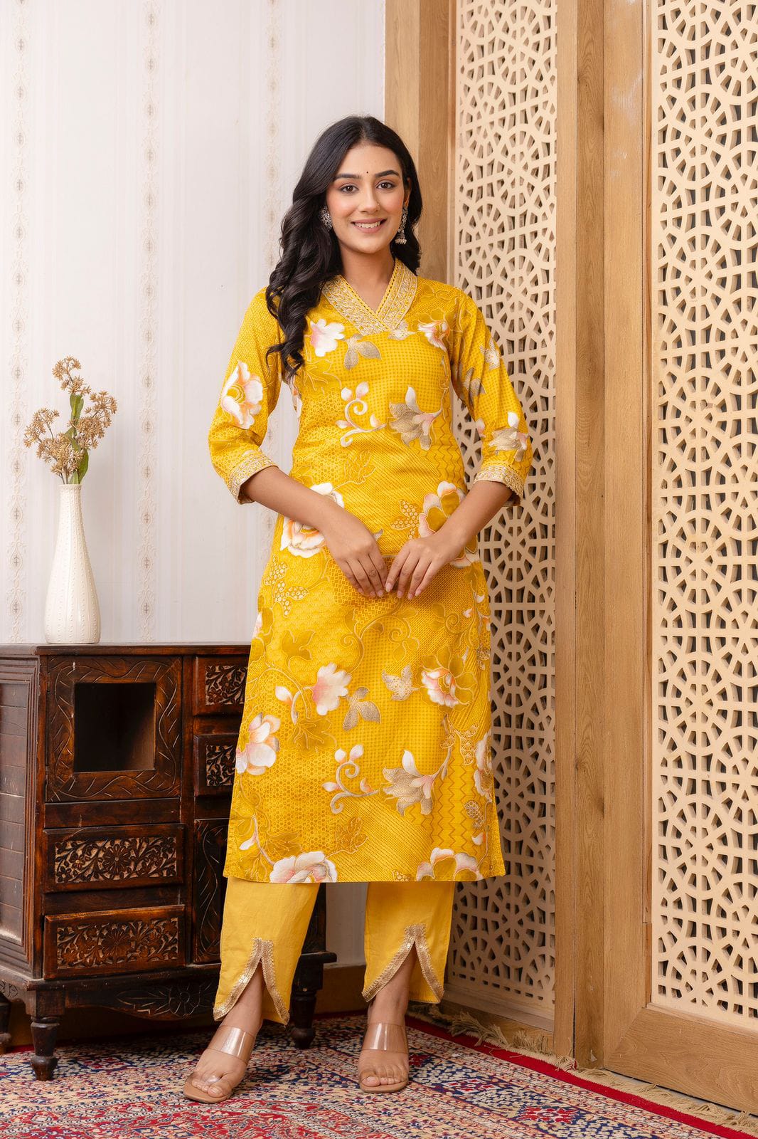 Yellow V neck Hand work Kurta Dupatta with Designer Pants Set