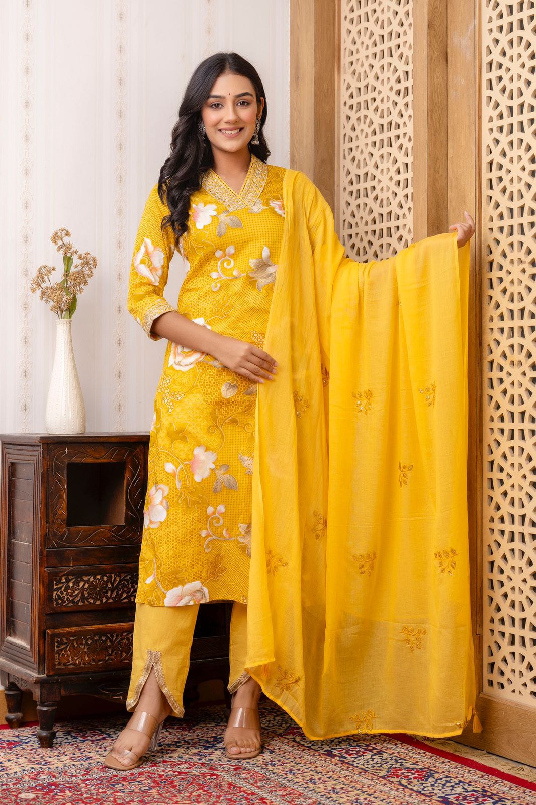 Yellow V neck Hand work Kurta Dupatta with Designer Pants Set