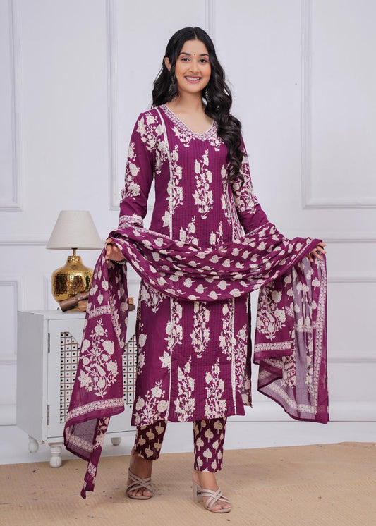 Wine Colour Printed Kurta Dupatta Pant Set