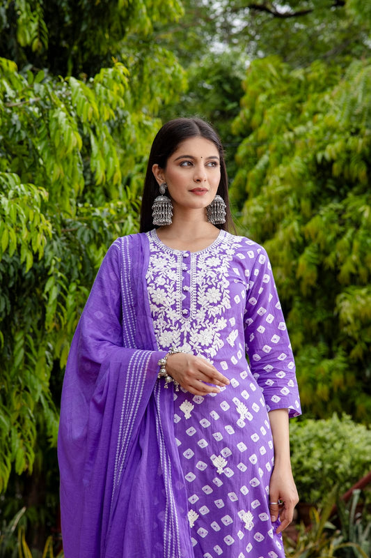 Lavendar and White Sibori Print Hand work Kurta Dupatta Pant set