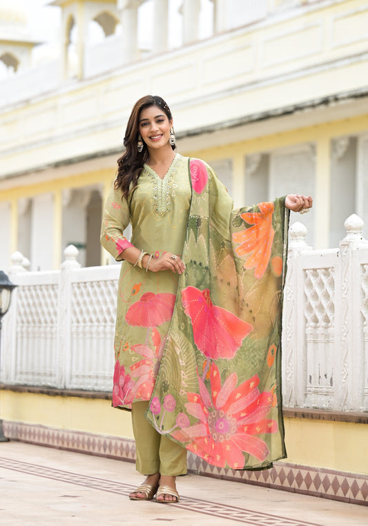 Tissue Shimmer Green Kurta Set