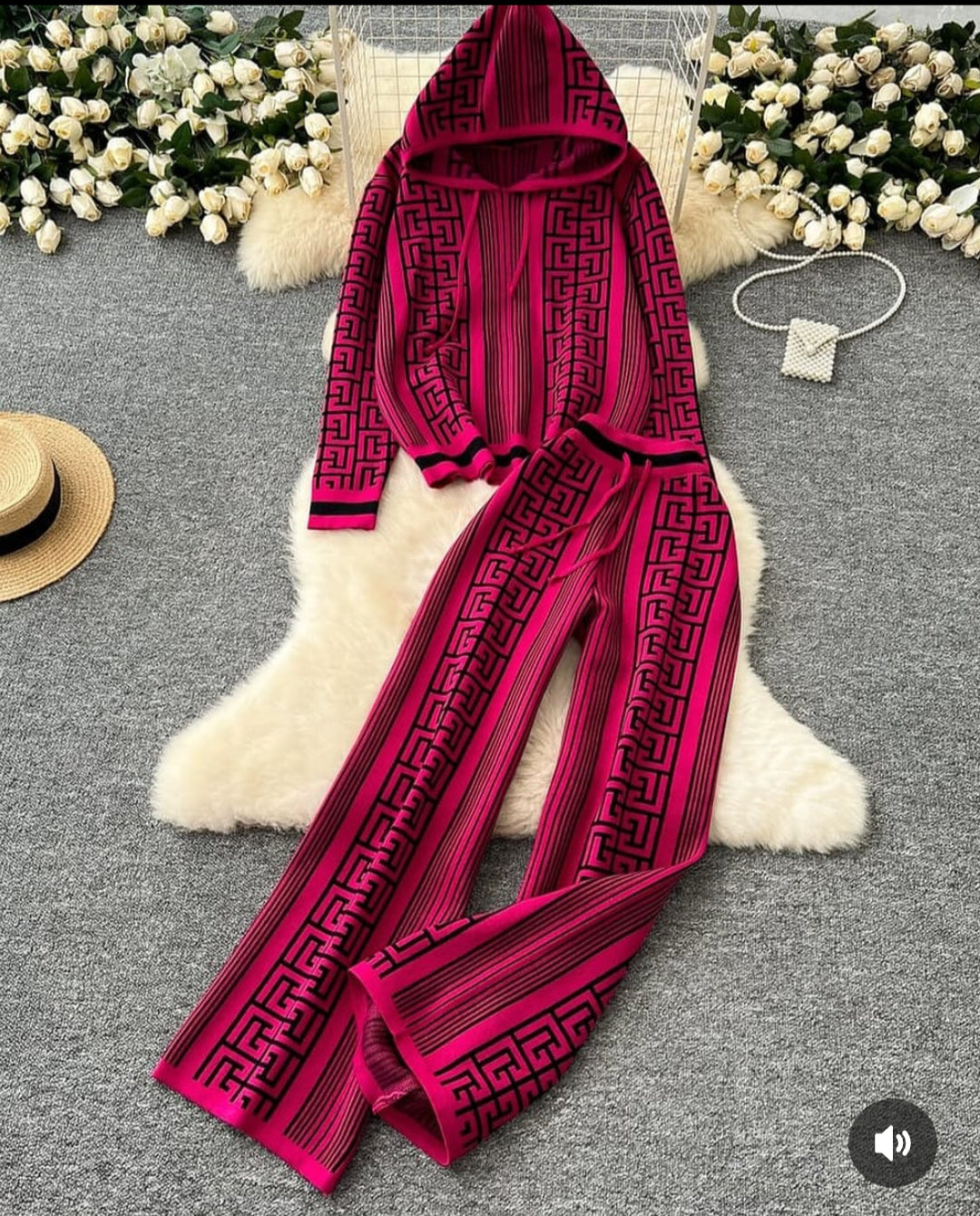 Dark Pink Maze Print hoodie Knit Coord set