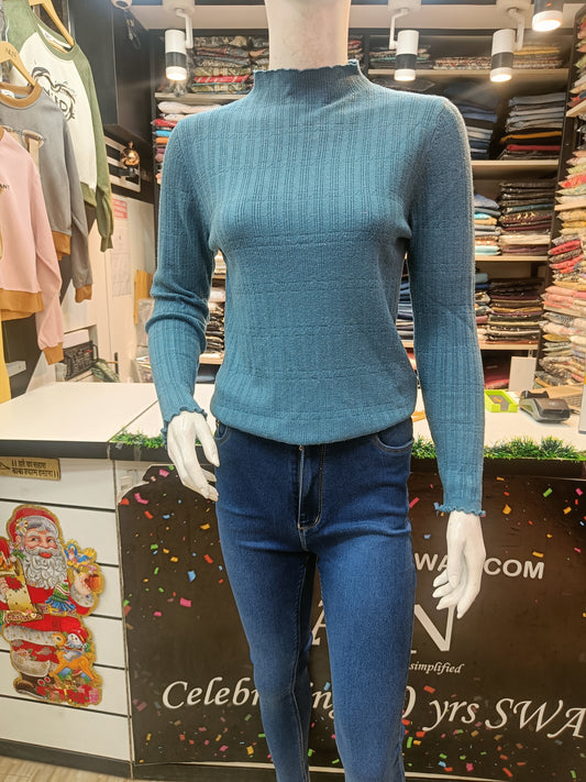 Turquoise blue high neck full sleeves knit top