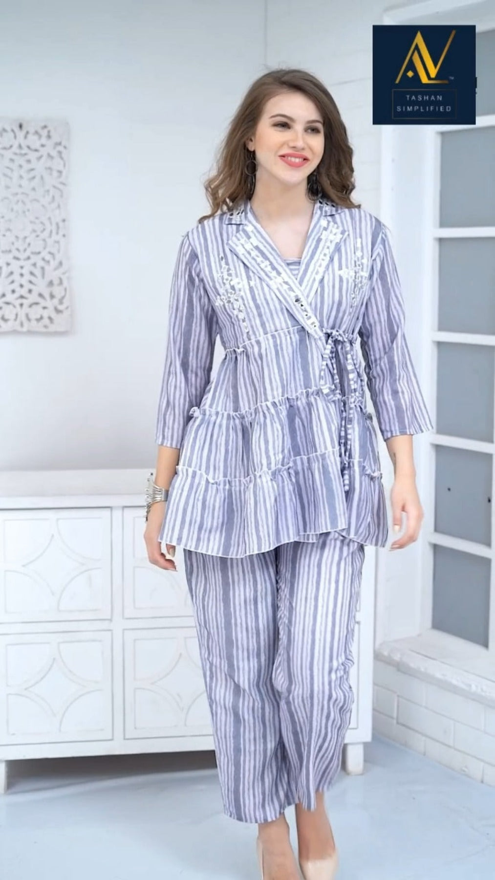 Cotton linen stripped three pc co ord set