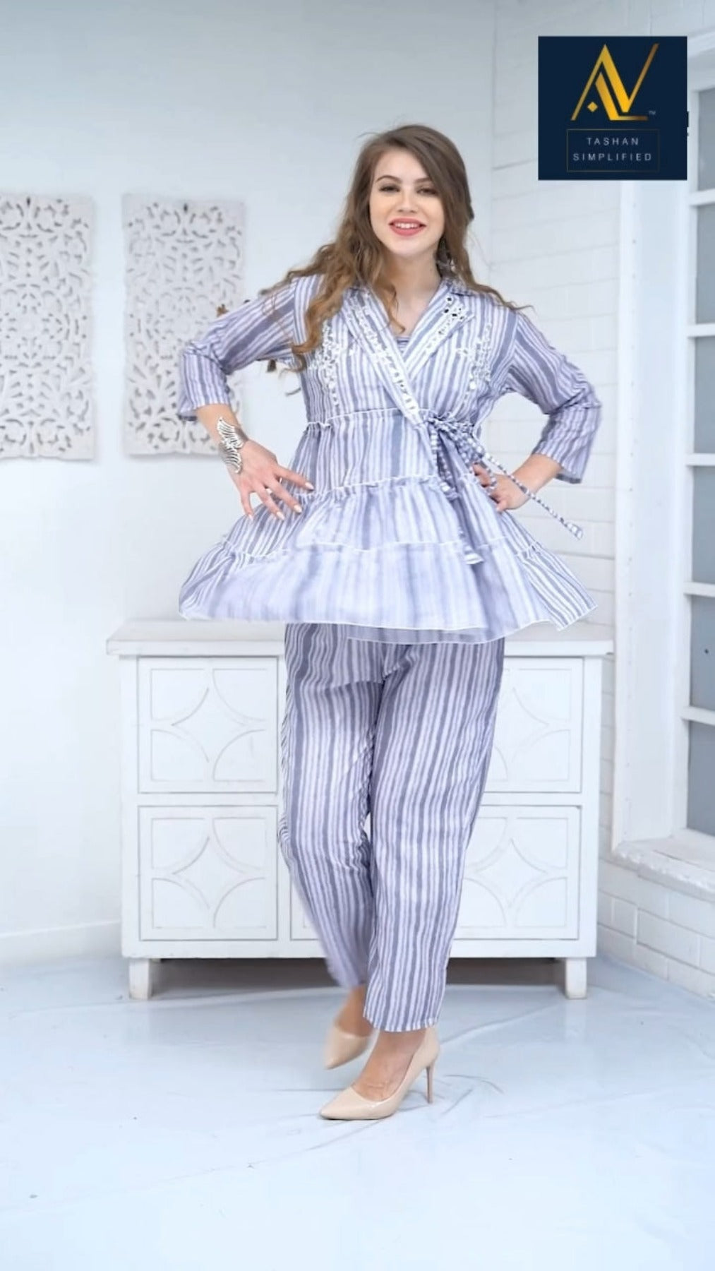 Cotton linen stripped three pc co ord set