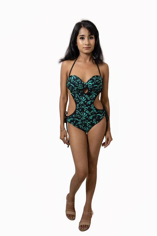 Black green printed monokini