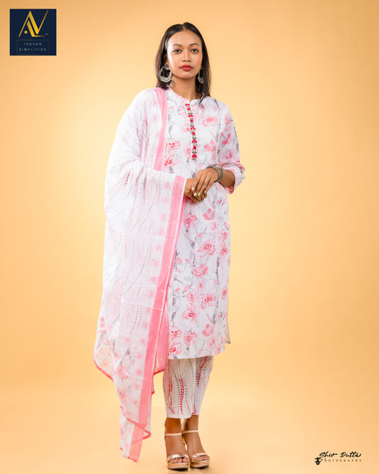 White Printed Kurta Dupatta Pant Set