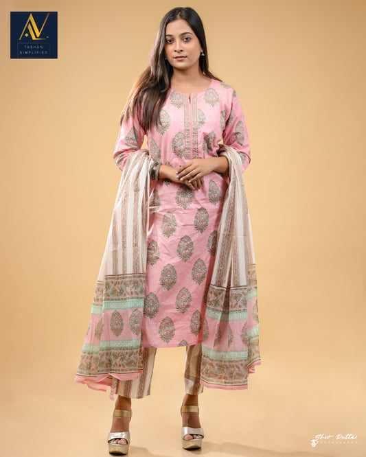 Pink Printed Kurta Duptta Pant Set