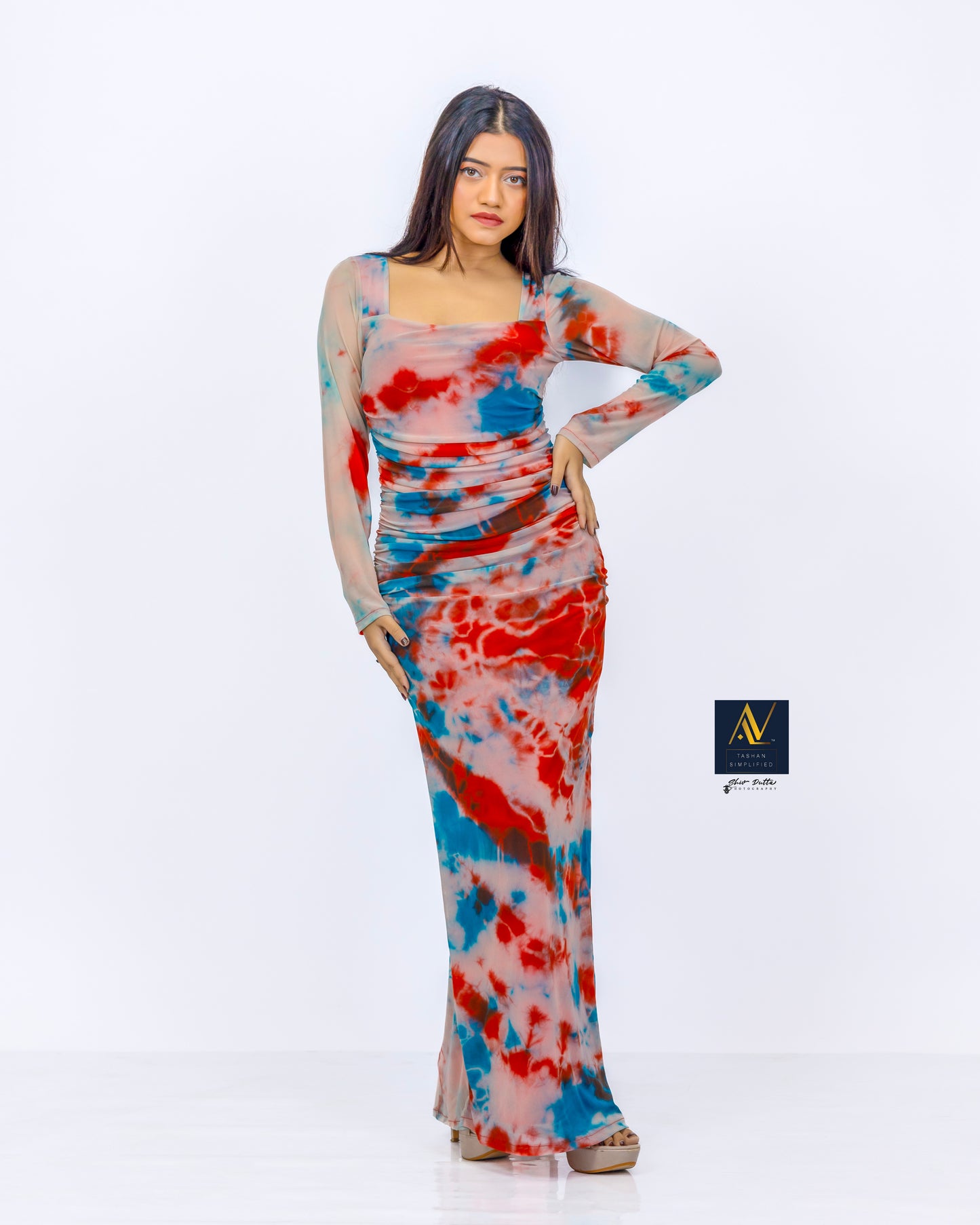 Tie n Dye printed Long Ruchhed Gown