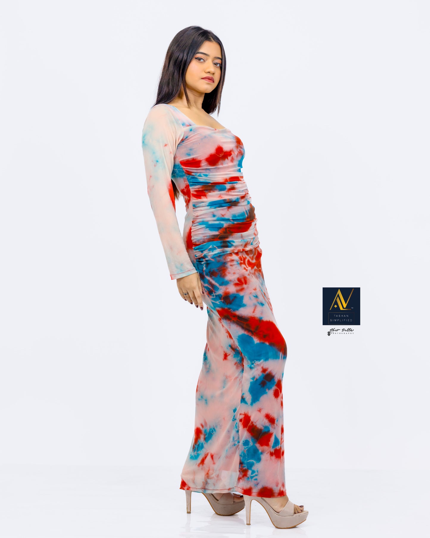 Tie n Dye printed Long Ruchhed Gown