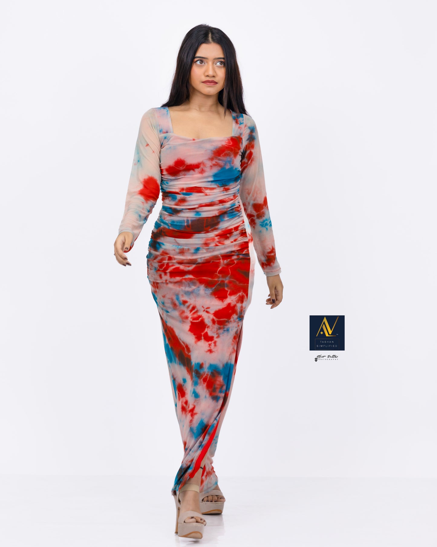 Tie n Dye printed Long Ruchhed Gown