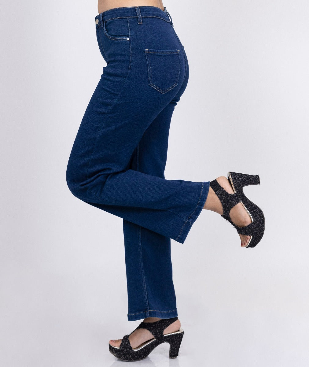 Women High Rise Wide Leg Jeans Dark Blue Side View