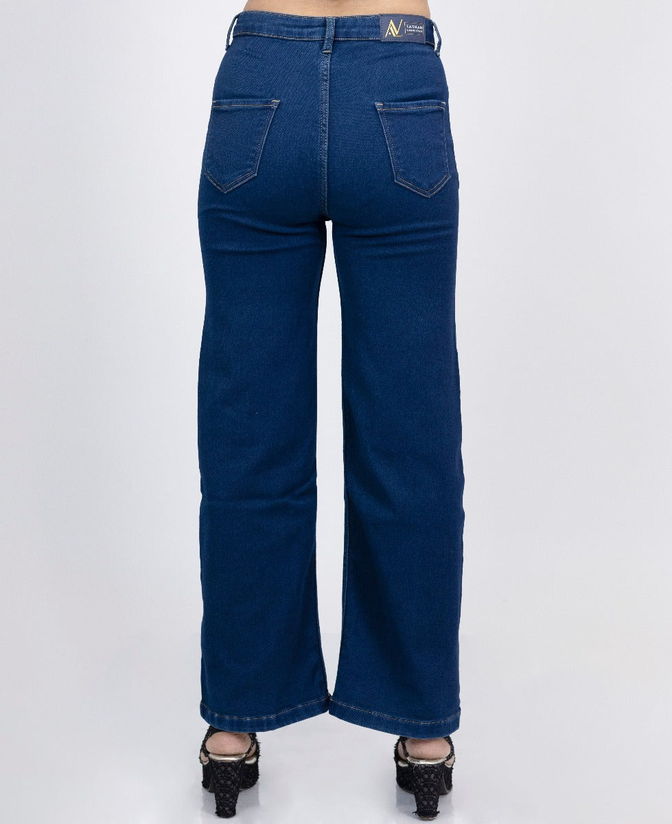 Women High Rise Wide Leg Jeans Dark Blue BackSide