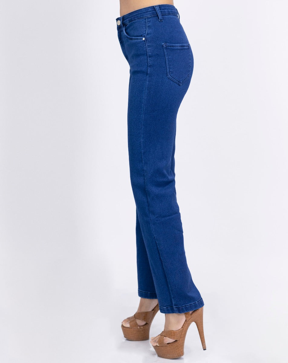 Women High Rise Wide Leg Jeans Dark Blue Side View