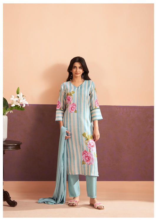 Elegant Linen 3pc Suit Set with French Knots & Sequins Work