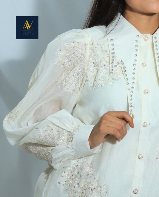 Ivory Organza Hand-Embroidered Puff Sleeve Shirt