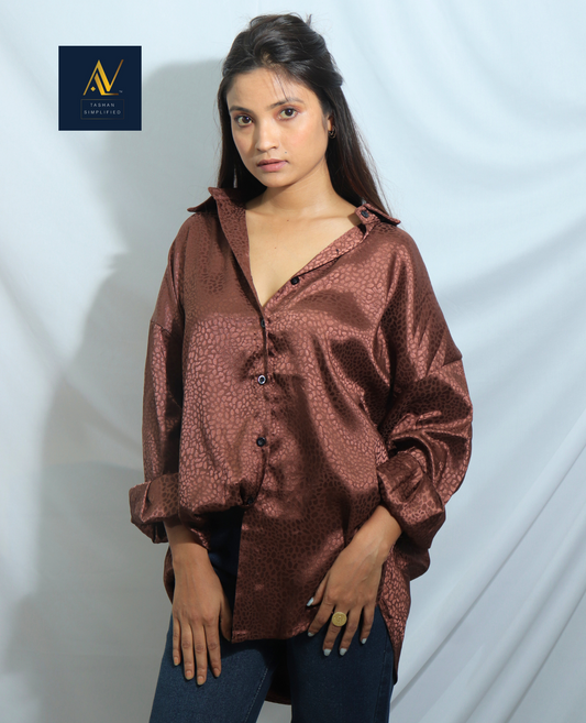 Glossy Brown Oversized Satin Shirt