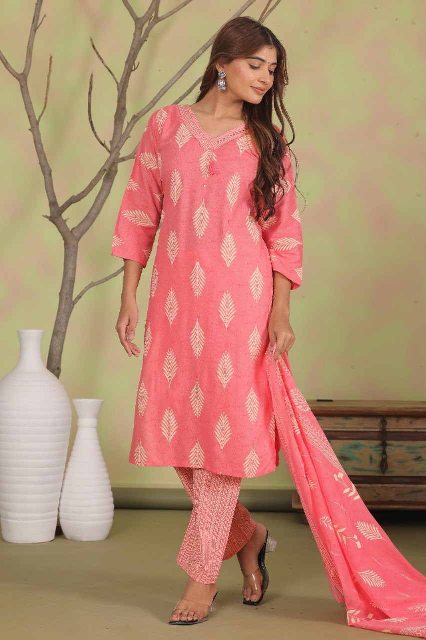 Pink Printed Cotton 3 pc Kurta Set