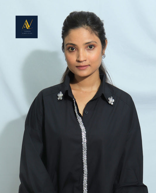 Black Cotton Crystal Bloom Shirt