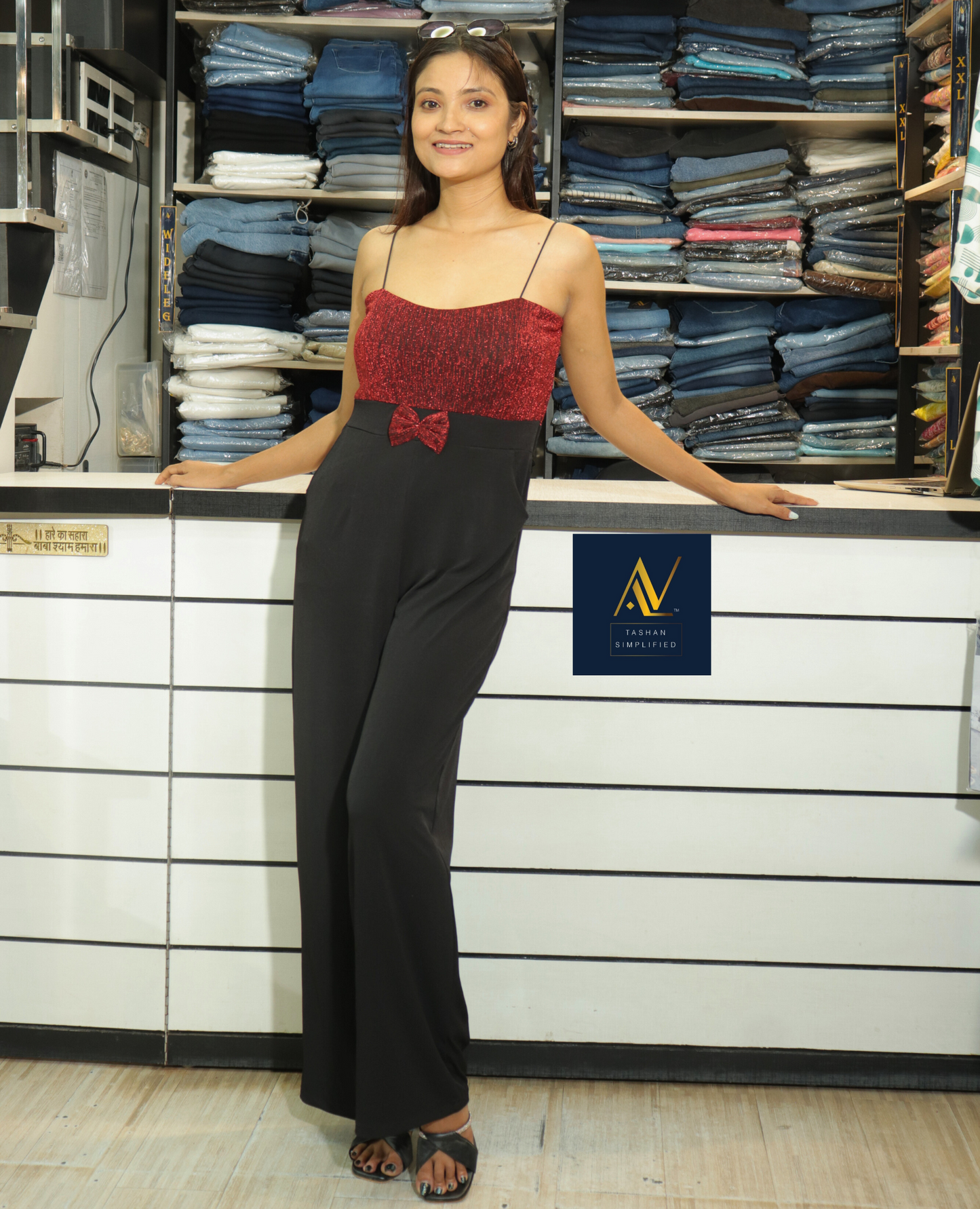 Red Shimmer & Black Flare Jumpsuit for Women