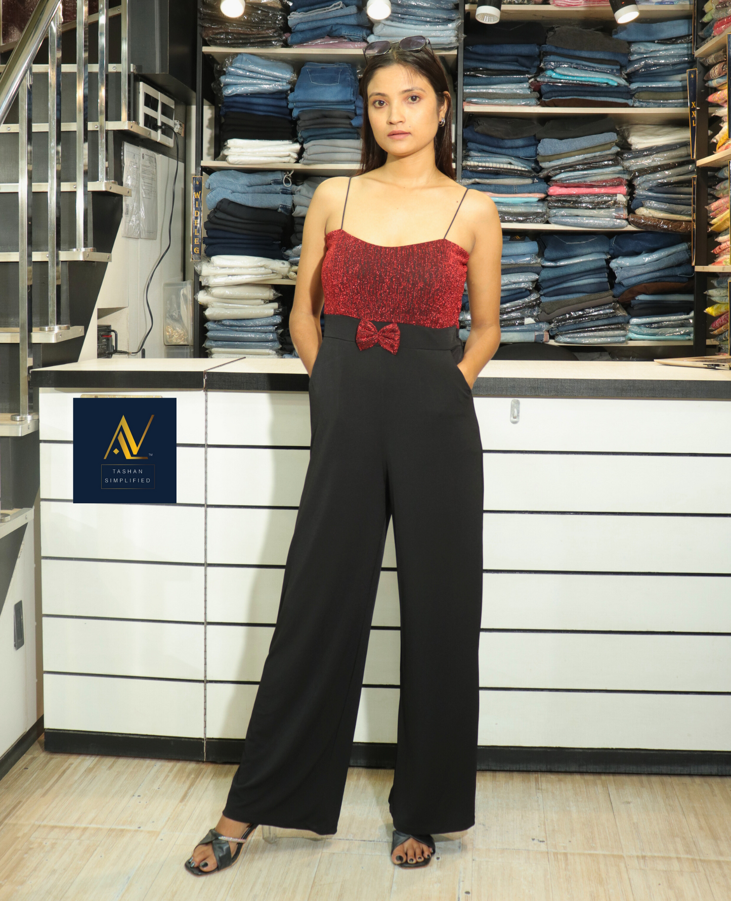 Red Shimmer & Black Flare Jumpsuit for Women