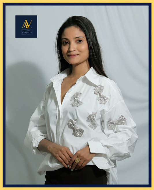 White Cotton Shirt With Metallic Bows