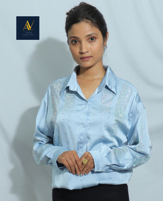 Sky Blue Crystal Embellished Satin Women Shirt