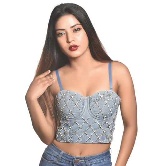 Denim Spaghetti Bustier Crop Top