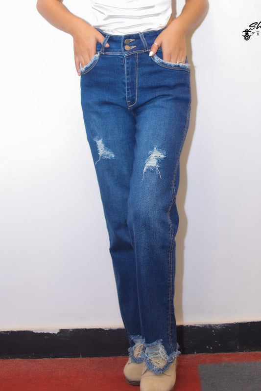 Double button high rise straight rugged Jeans