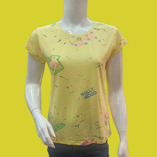 Yellow Round Neck Printed T shirt