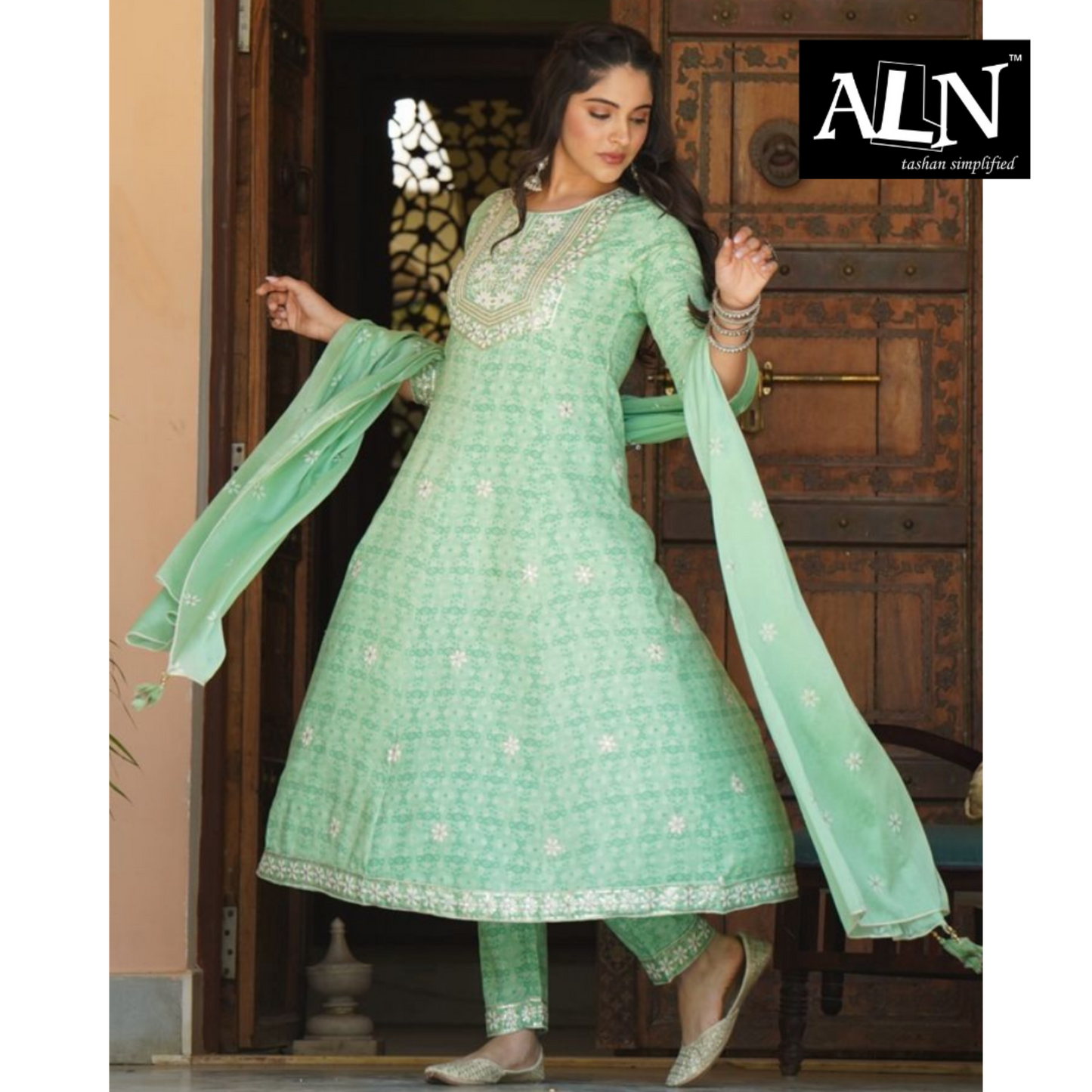 Leaf Green Frock Style Kurta with Dupatta and Pant