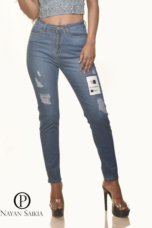 Skinny ankle length rugged blue women jeans