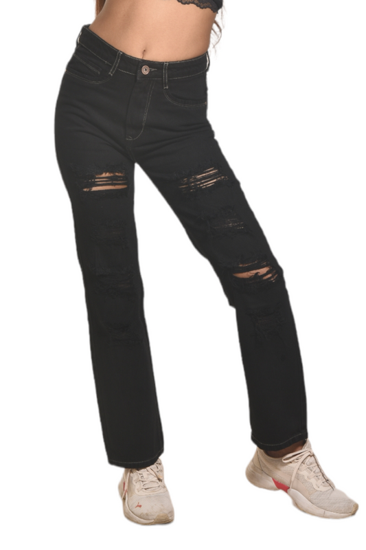 High rise black rugged straight fit jeans