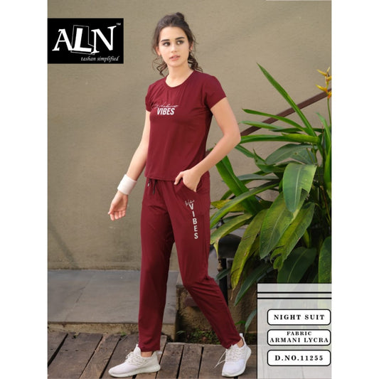 Monochrome Lycra Ladies Night Suit maroon